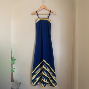 Vintage maxi dress Chevron Spaghetti Strap Sleeve 70s Blue Gold Retro disco